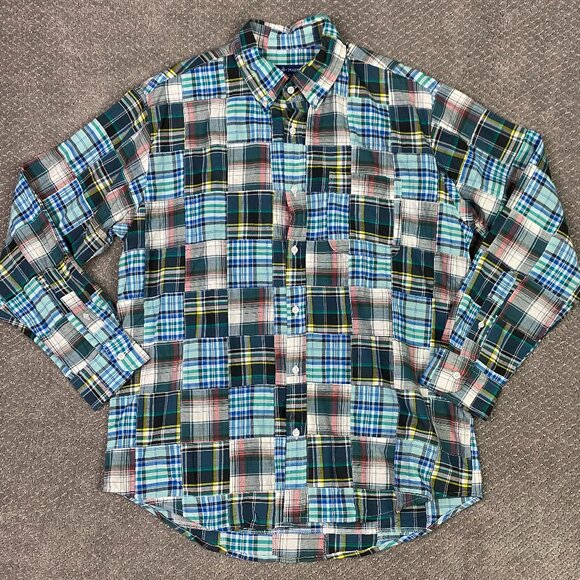 Cape Madras Shirt Men's Large Patchwork Long Sleeve Button Up Down Front - Picture 1 of 11